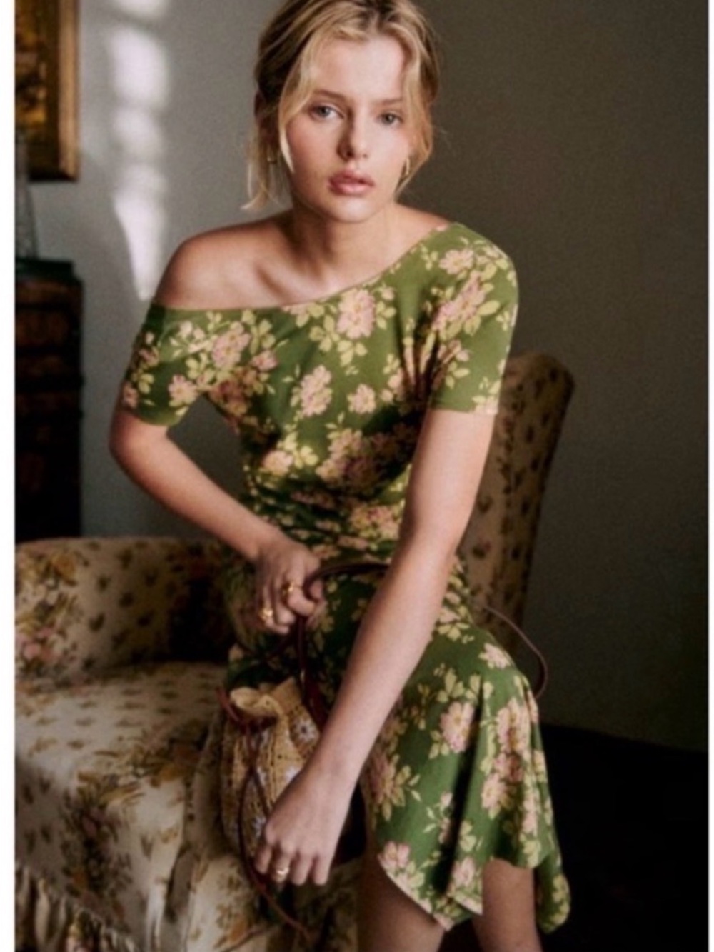 Sezane Luce Dress Green Bouquet - Size M